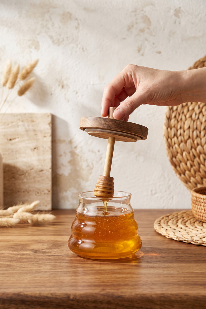Pot à Miel en Verre 500 ml avec Couvercle en Bois et Cuillère