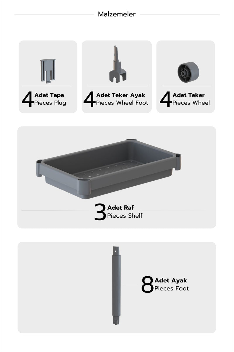3 Katlı Tezgah Altı, Banyo Tekerlekli Raf Ünitesi