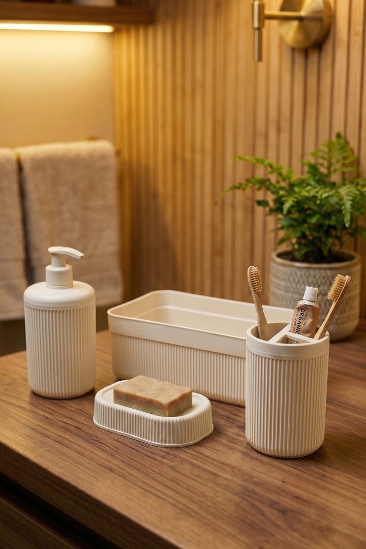 Set de Salle de Bain 4 Pièces avec Distributeur de Savon 550 ml et Organisateur