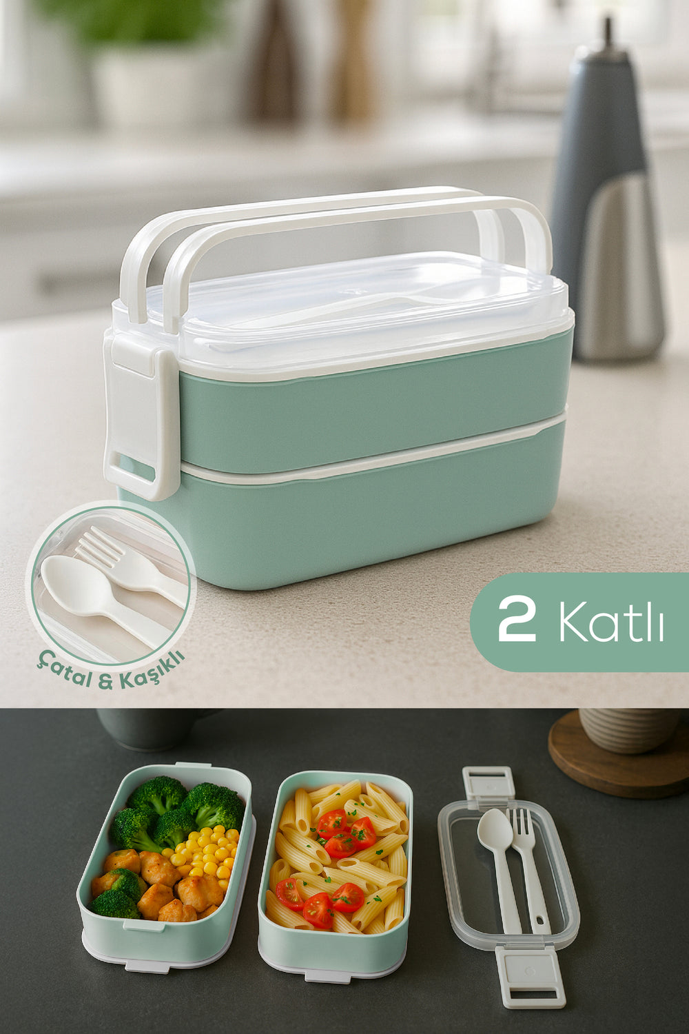 Boîte Repas 2 Étages avec Couverts – Lunch Box Hermétique Réutilisable
