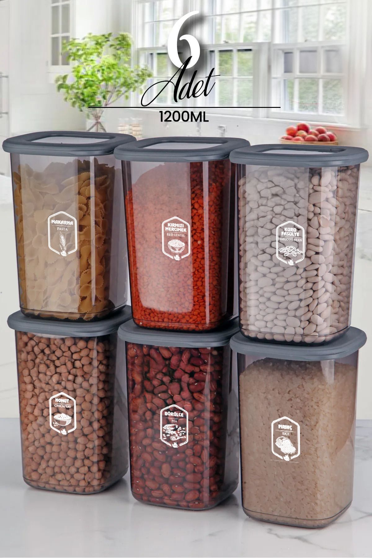 <tc>Set de 6 Boîtes de Rangement Carrées Étiquetées de 1200 ml - Pots de Rangement avec Couvercle Rigide</tc>