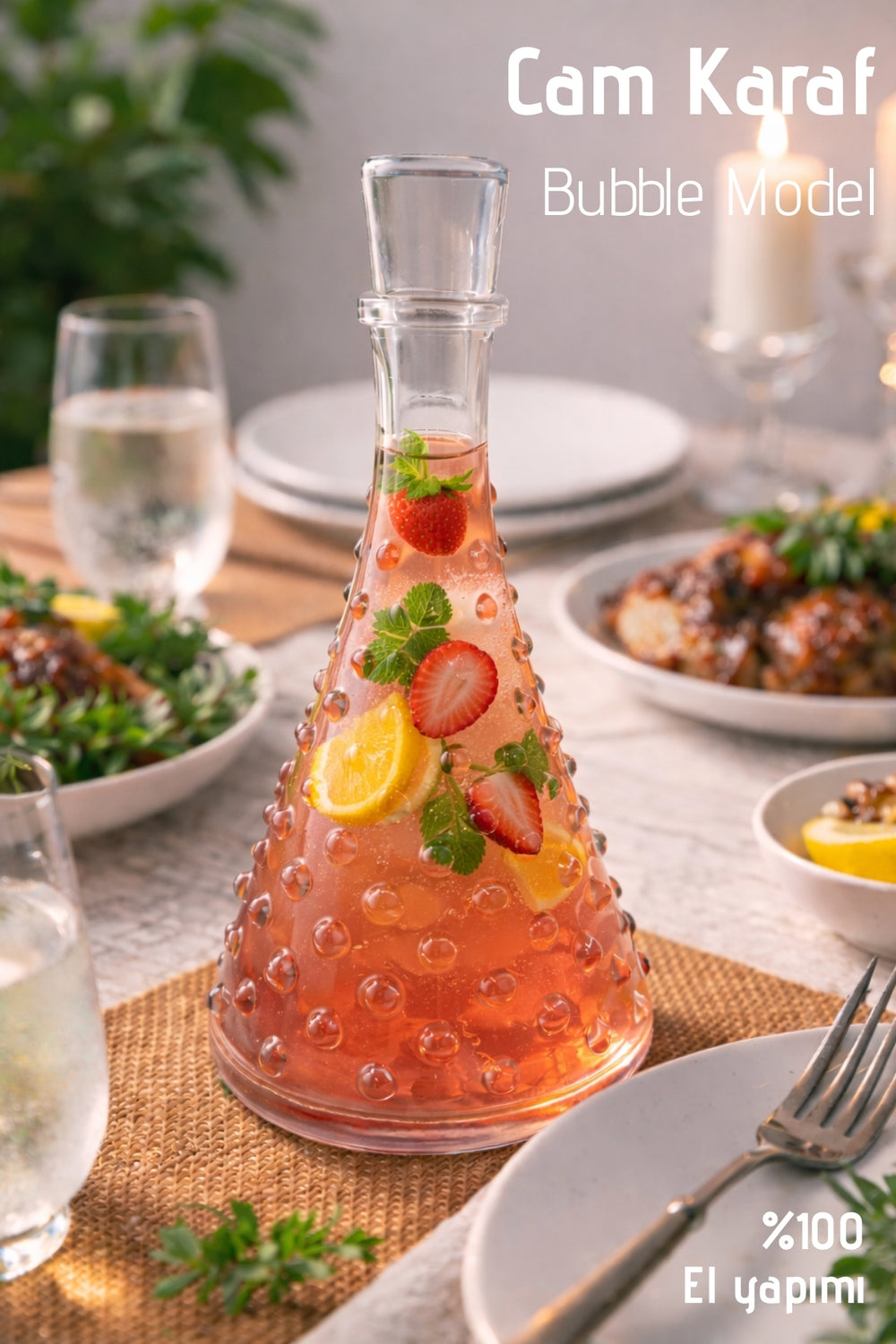 كاراف زجاجي يدوي الصنع Bubble بغطاء – سعة 1 لتر لتقديم المشروبات بأناقة
