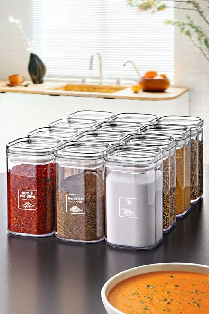 Set de 12 pots à épices carrés en acrylique avec étiquettes, couvercle hermétique sous vide – 250 ml