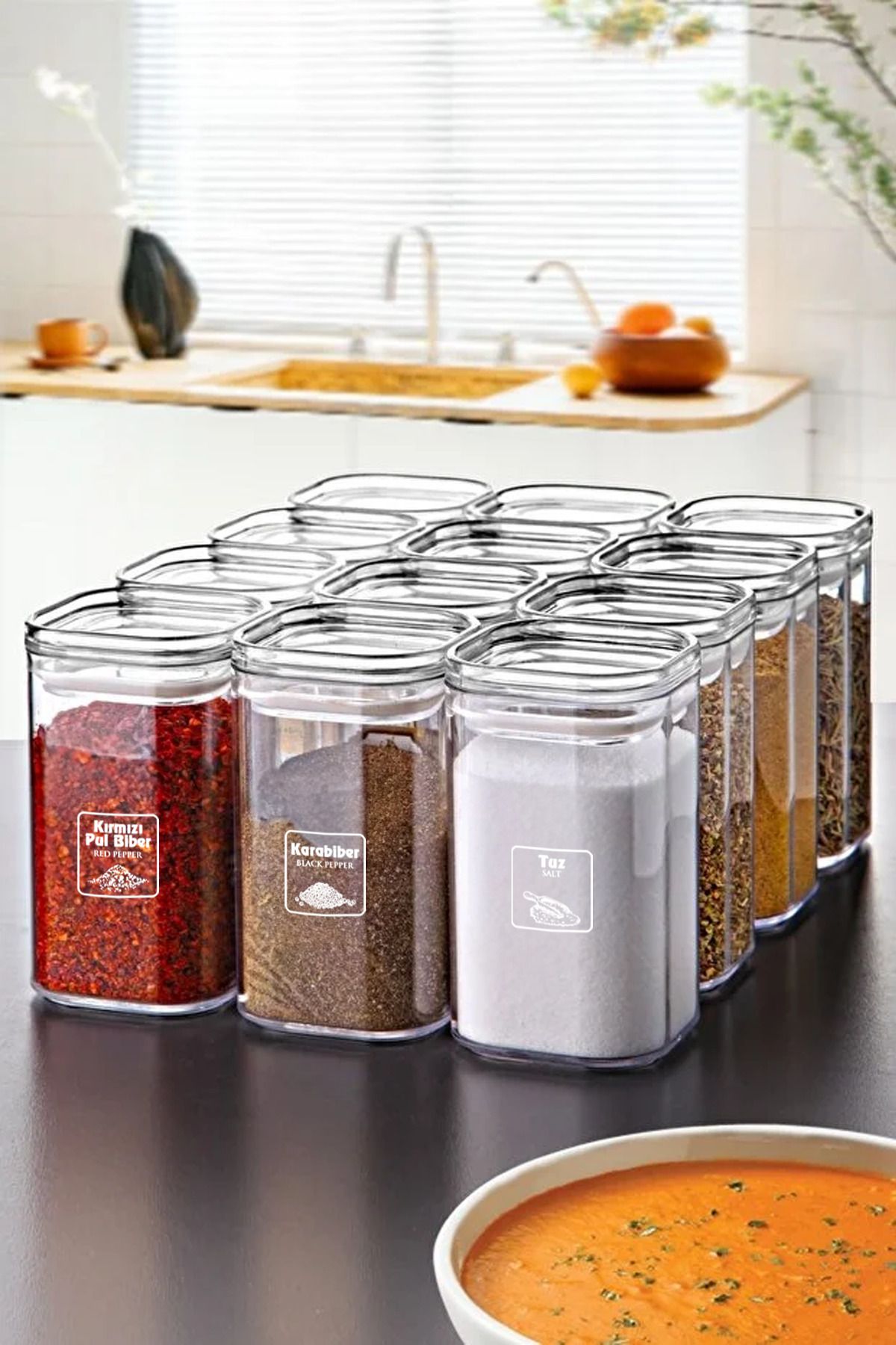 Ensemble de 12 pots à épices carrés en acrylique avec vide d'air 250 ml - Ensemble de pots à épices avec couvercles étanches