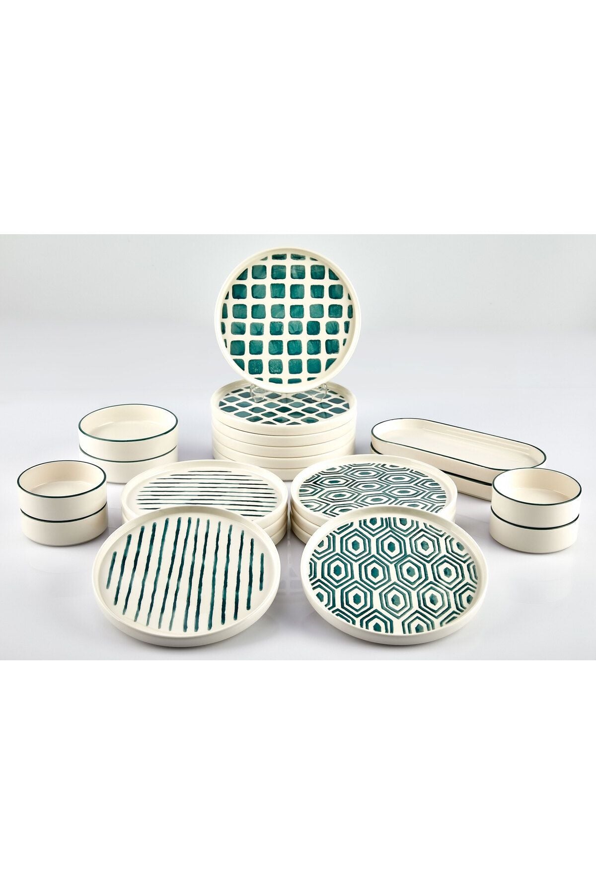 Service petit-déjeuner empilable 12 personnes 22 pièces en céramique naturelle – Design géométrique fait main