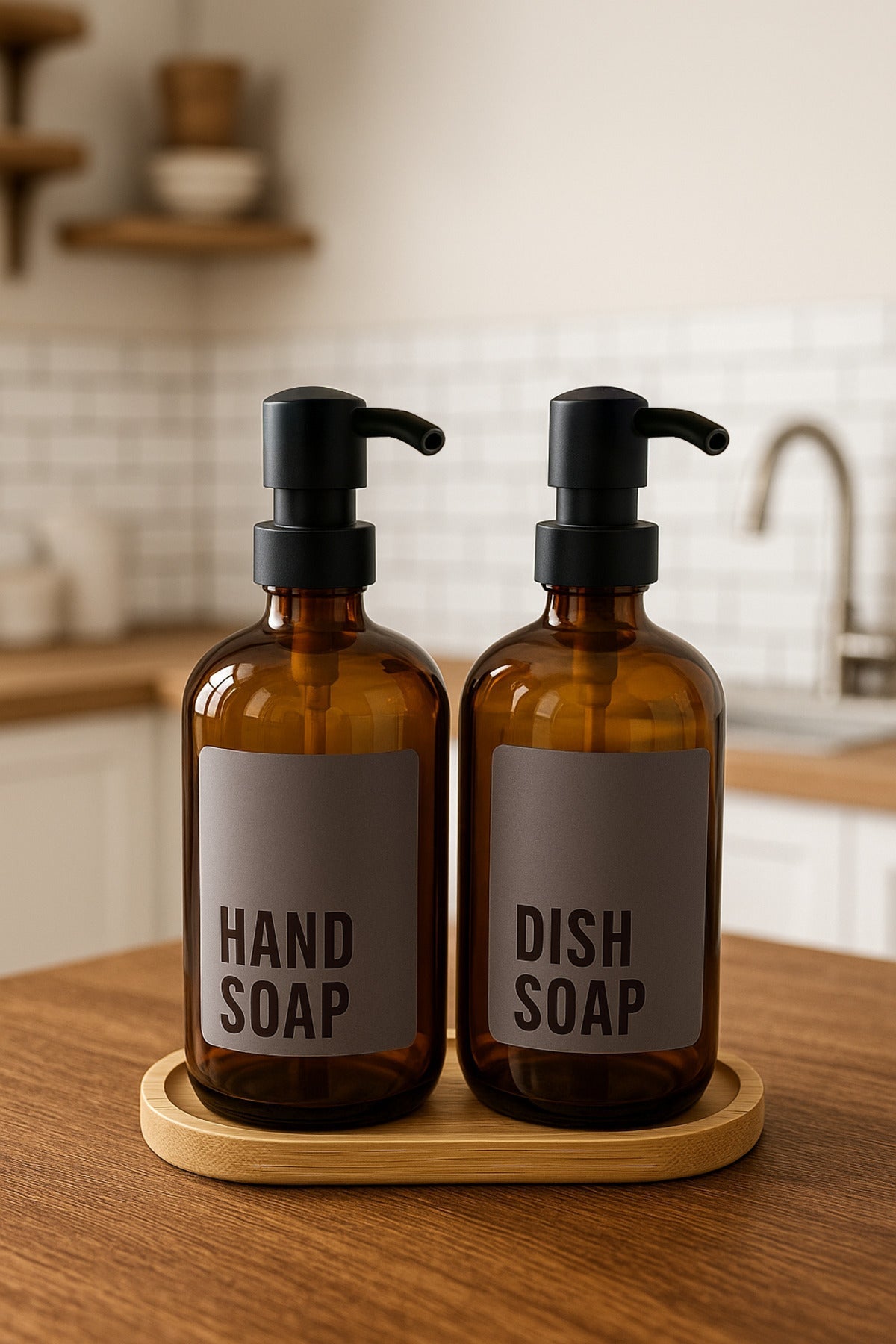 2' li Amber Bambu Altlıklı Cam Sıvı Sabunluk Seti 500 ml - Bambu Standlı Sabunluk Seti JHome