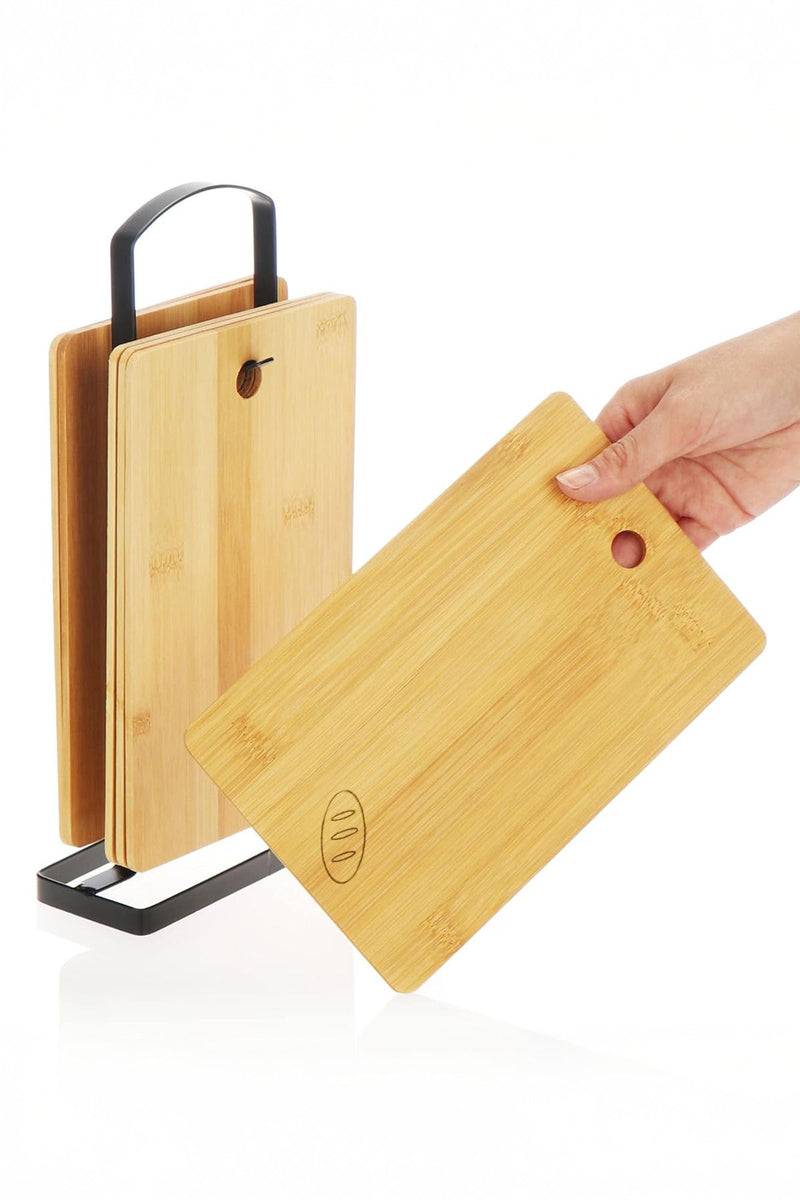 Set de 4 Planches à Découper en Bambou avec Support