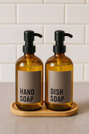 2' li Amber Bambu Altlıklı Cam Sıvı Sabunluk Seti 500 ml - Bambu Standlı Sabunluk Seti JHome