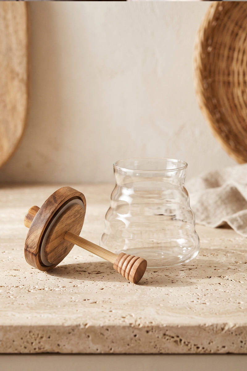 Pot à Miel en Verre 500 ml avec Couvercle en Bois et Cuillère