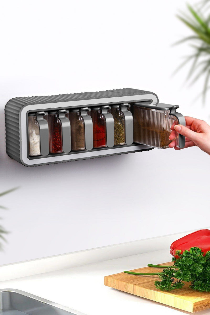 Set de 6 pots à épices avec support, couvercle, cuillère intégrée et fixation adhésive – support à épices avec poignée