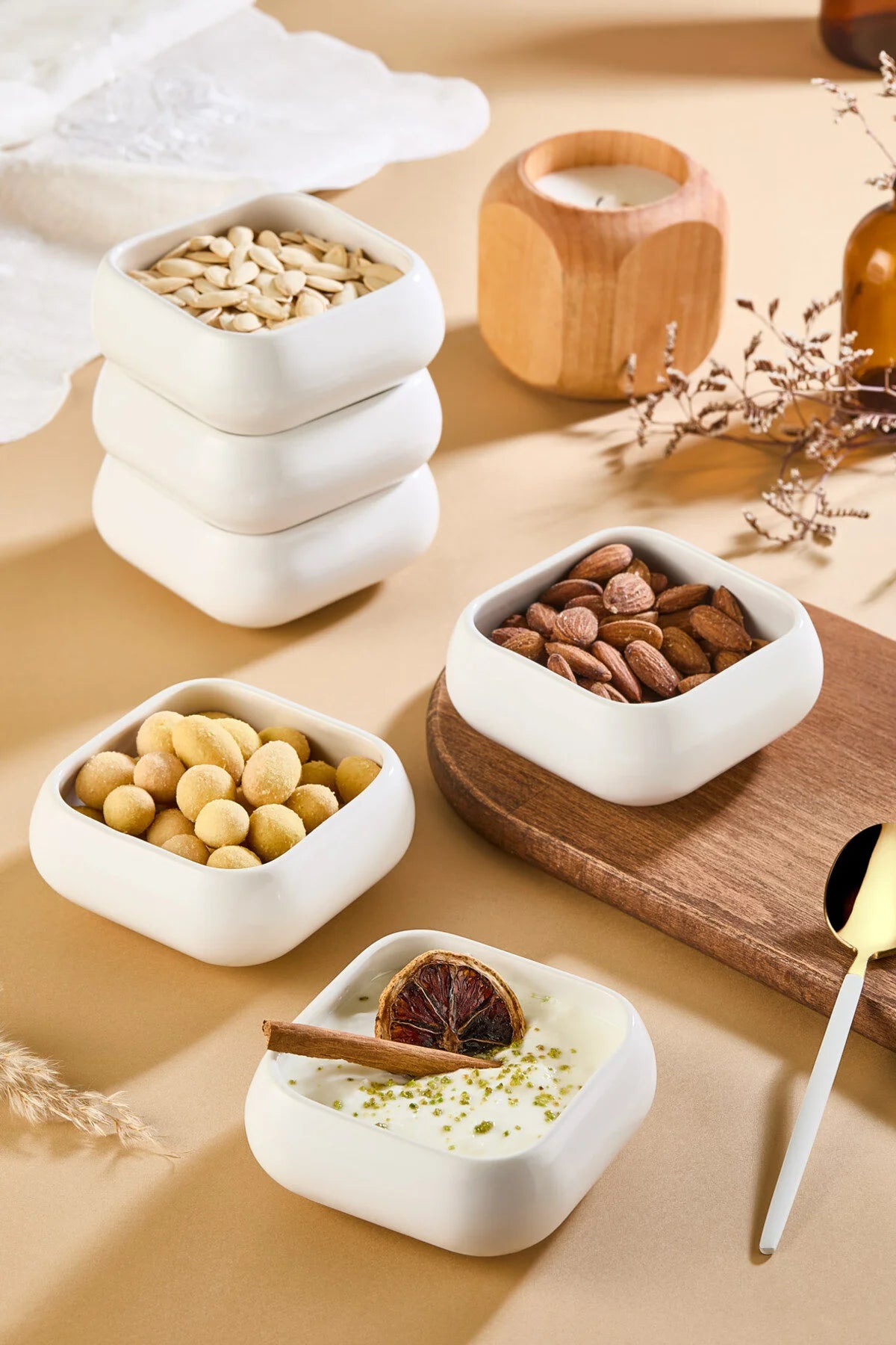 Set de 4 Coupelles Carrées en Céramique – Bols de Service pour Fruits Secs, Confiture et Sauces