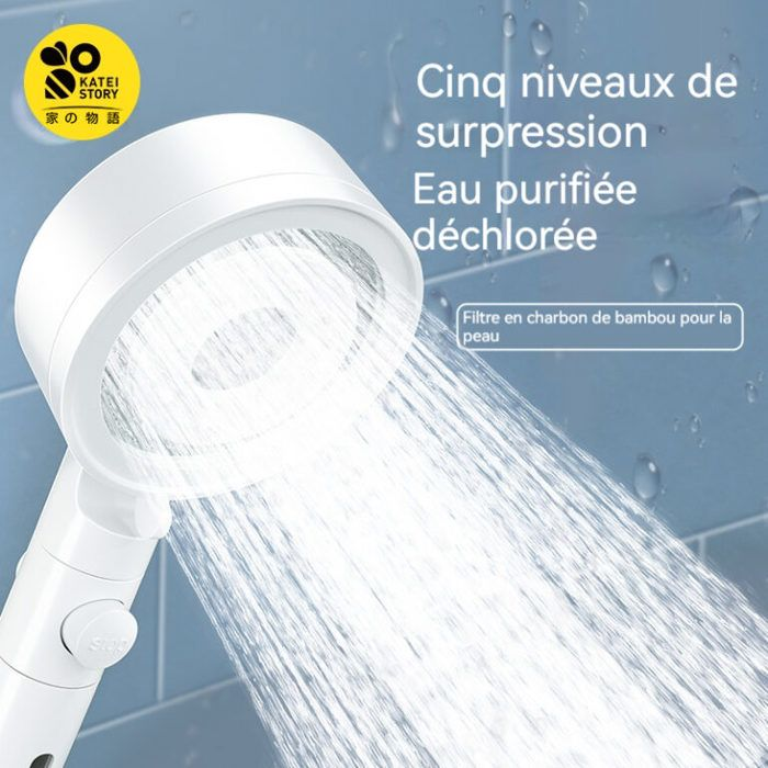 Pommeau de Douche Haute Pression 5 Modes avec Filtre Anti-Calcaire et Bouton d'Arrêt