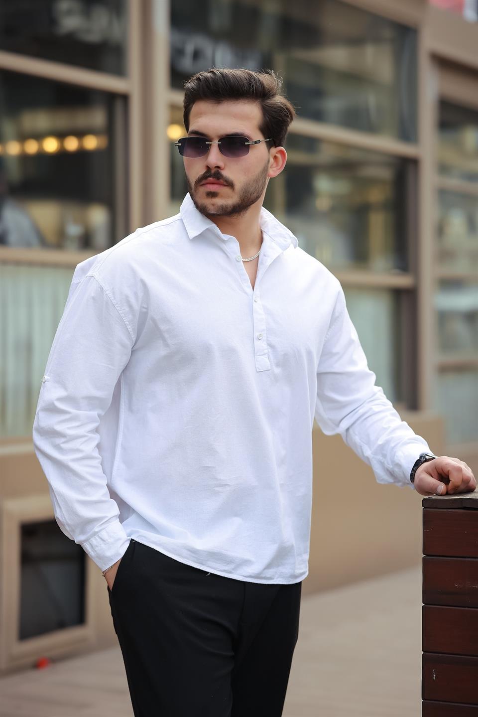 yarim pat yakali york pamuk kumaşli uzun kollu erkek gömlek - Justyol