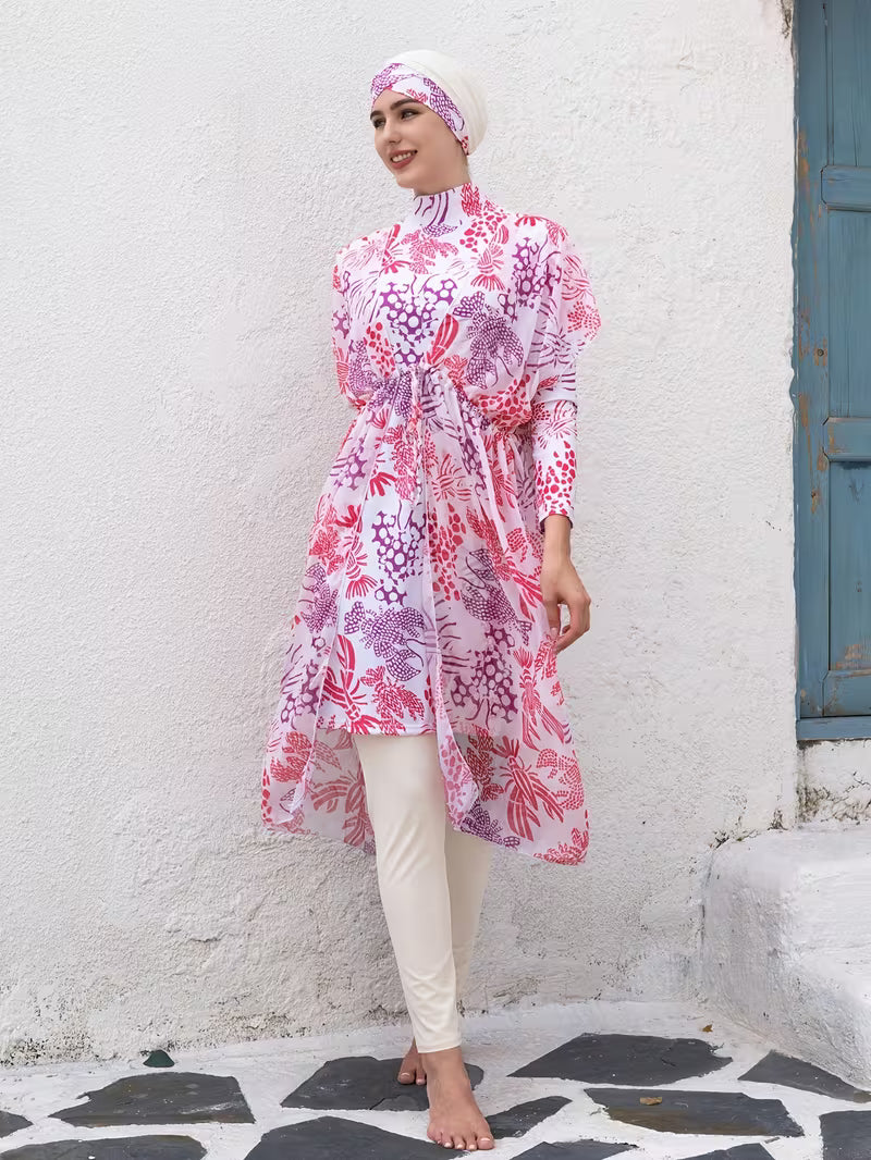 Burkini Femme Modeste 4 Pièces Imprimé – Ensemble Maillot de Bain avec Turban