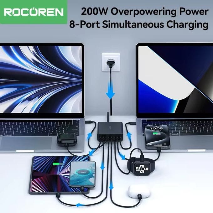 Station de Charge Rapide Rocoren 200W - 8 Ports (6 USB-C + 2 USB-A)