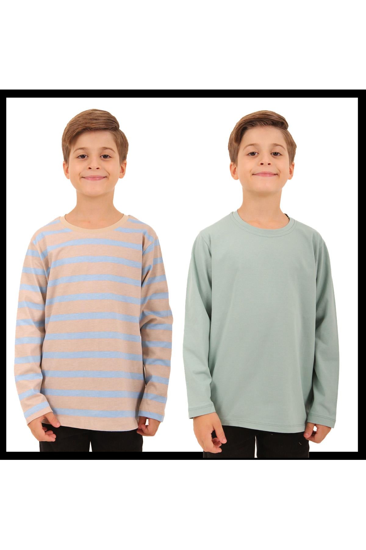 <tc>Ensemble de 2 sweatshirts unisexe pour enfants à manches longues, l'un à rayures et l'autre uni, avec col rond</tc>