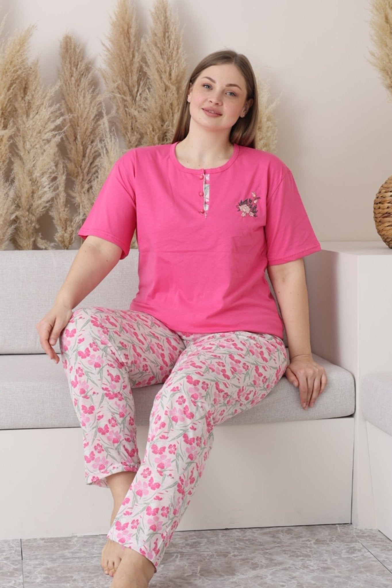 x - dreamy büyük beden pamuklu düğmeli yaka kisa kollu penye pijama takimi - Justyol