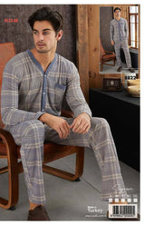 Dreamy Uzun Kollu Önden Düğmeli Ekose Erkek Pijama Takımı, Krem-mavi