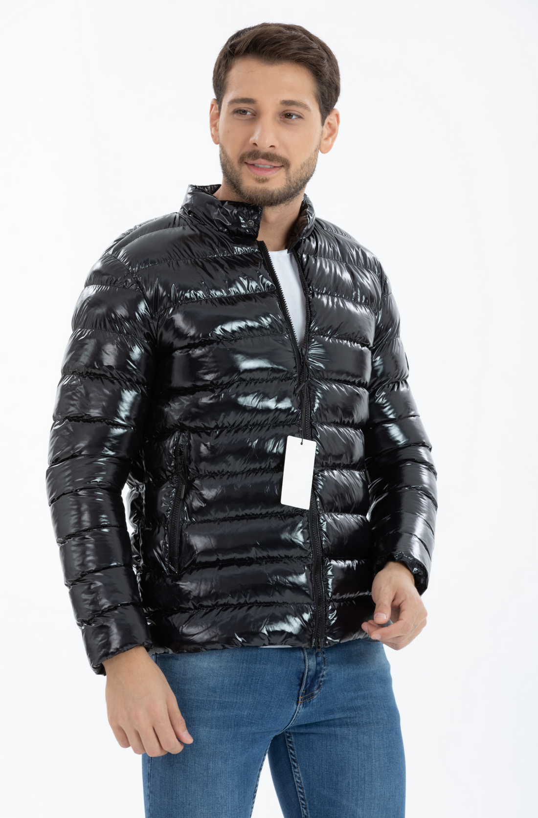 Shiny Casual Bomber Jacket/Coat - Men's - Waterproof - With Pockets and Front Zipper - black-56949