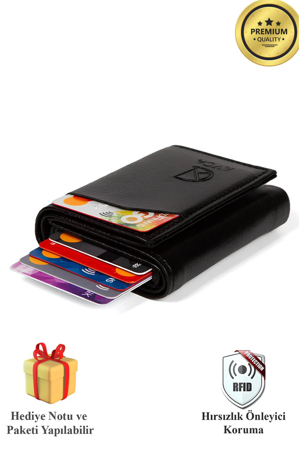 <tc>Porte-cartes en cuir vegan noir avec compartiment pour billets et mécanisme coulissant</tc>