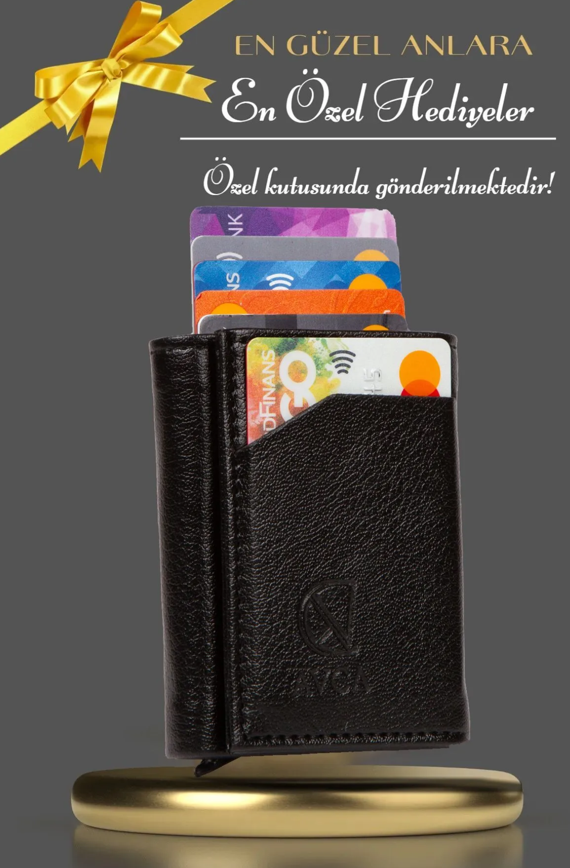 Porte-cartes en cuir vegan noir avec compartiment pour billets et mécanisme coulissant