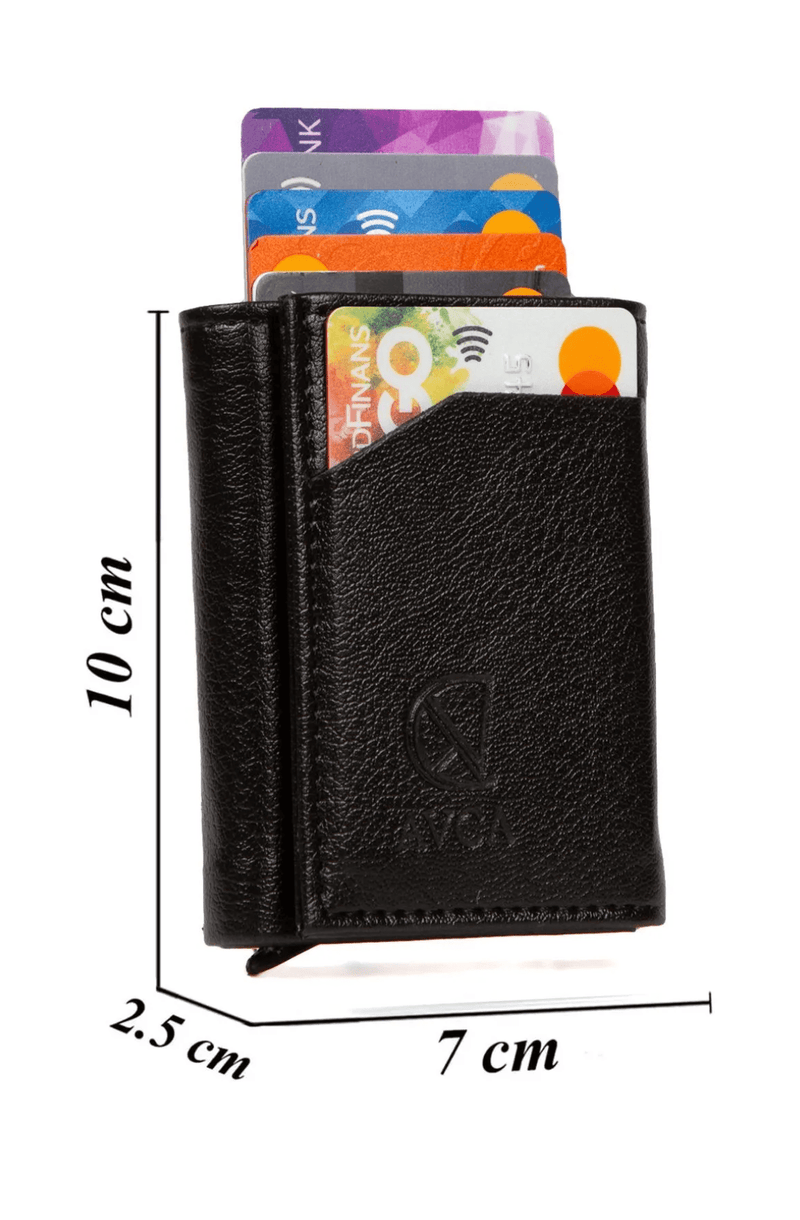 Porte-cartes en cuir vegan noir avec compartiment pour billets et mécanisme coulissant