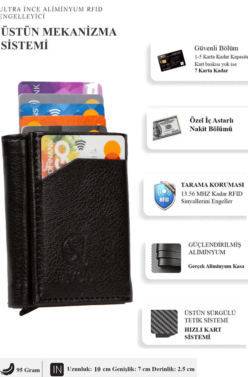 Porte-cartes en cuir vegan noir avec compartiment pour billets et mécanisme coulissant