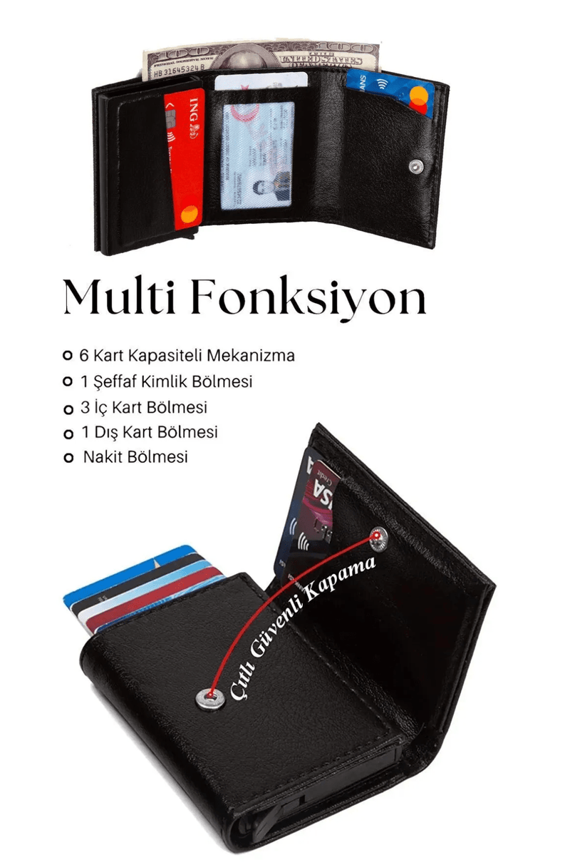 Porte-cartes en cuir vegan noir avec compartiment pour billets et mécanisme coulissant