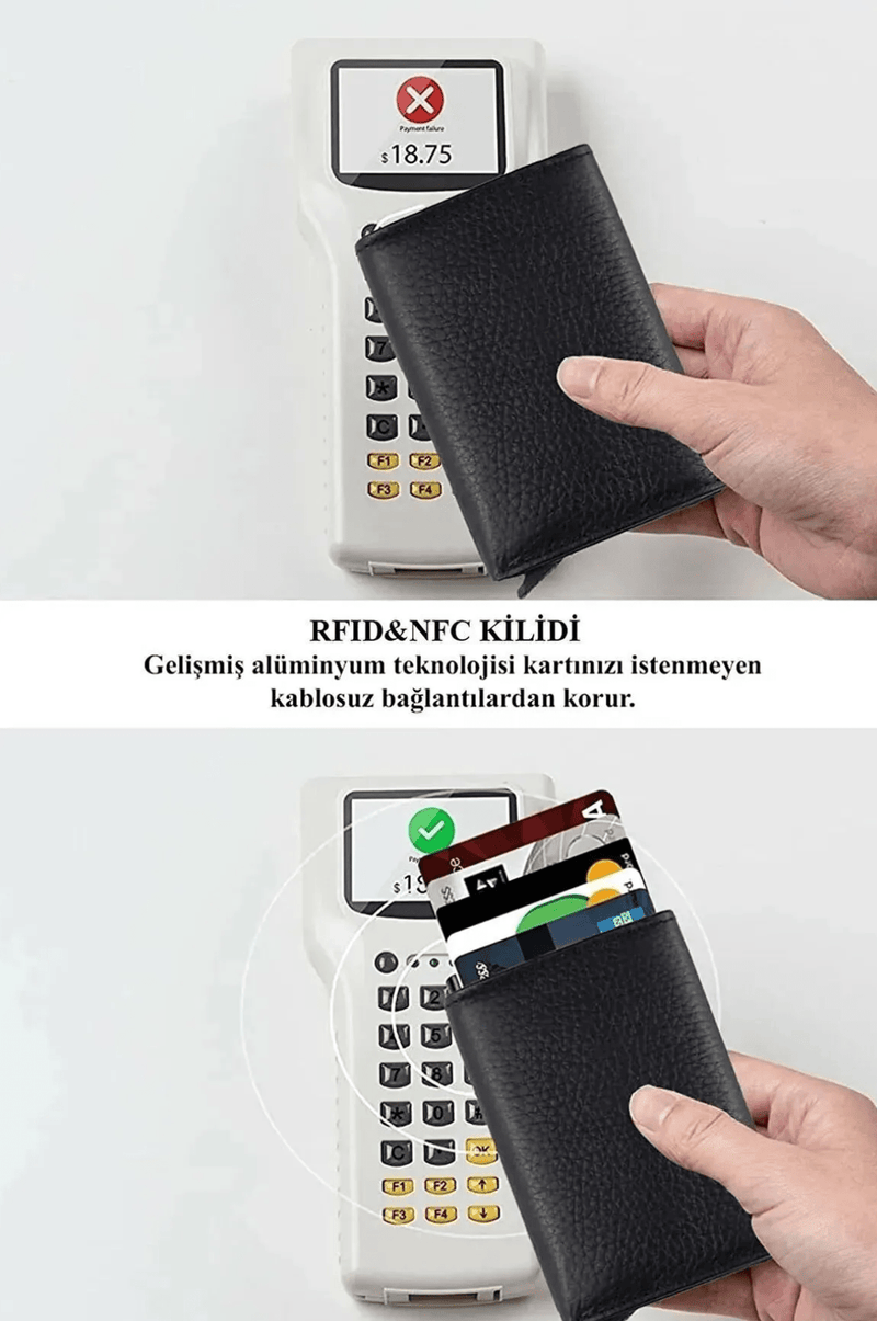 Porte-cartes en cuir vegan noir avec compartiment pour billets et mécanisme coulissant