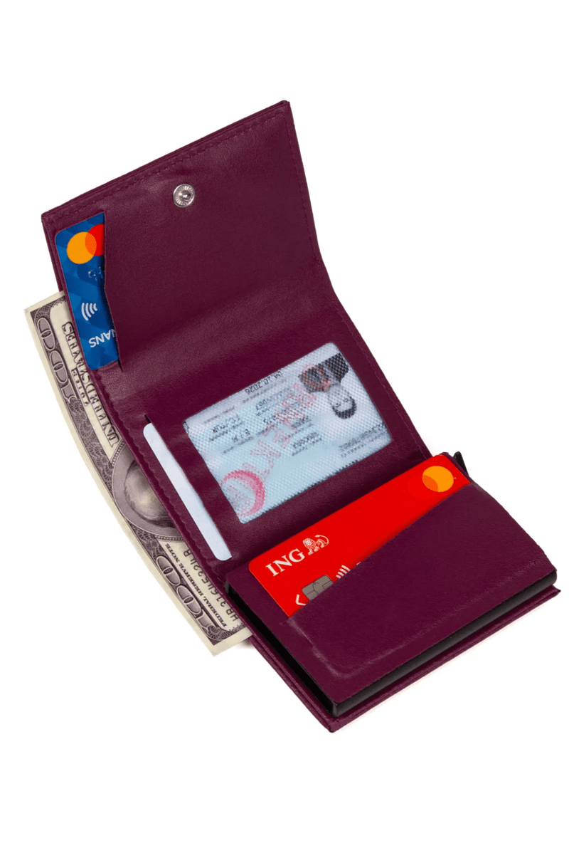 Porte-cartes en cuir vegan noir avec compartiment pour billets et mécanisme coulissant