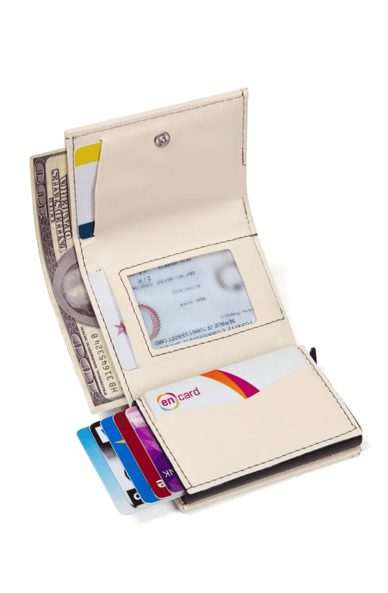 Porte-cartes en cuir vegan noir avec compartiment pour billets et mécanisme coulissant