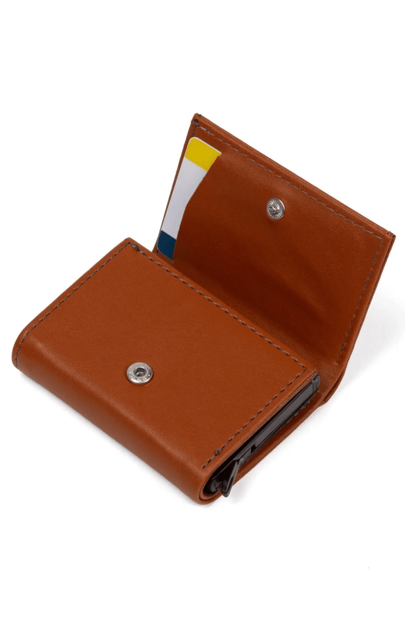 Porte-cartes en cuir vegan noir avec compartiment pour billets et mécanisme coulissant