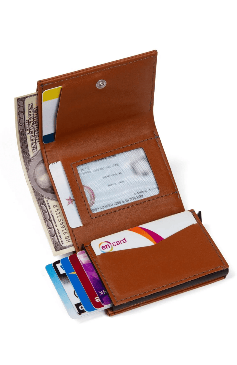 Porte-cartes en cuir vegan noir avec compartiment pour billets et mécanisme coulissant