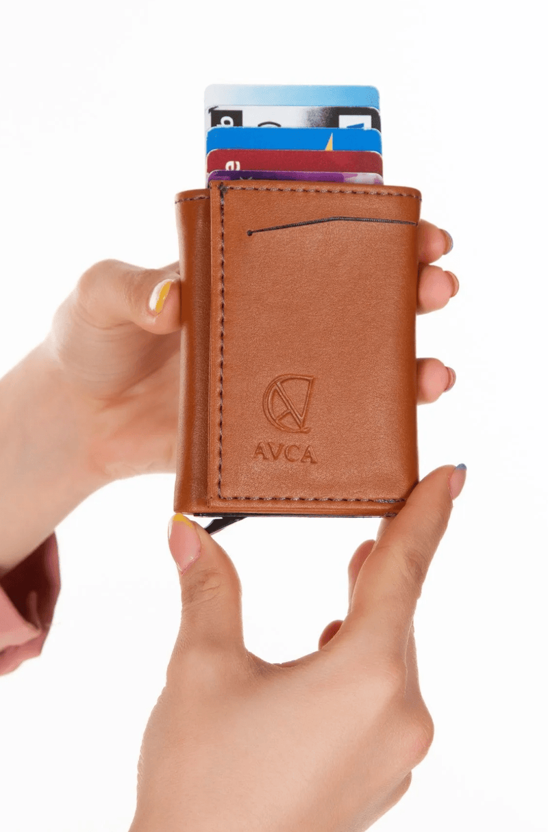 Porte-cartes en cuir vegan noir avec compartiment pour billets et mécanisme coulissant