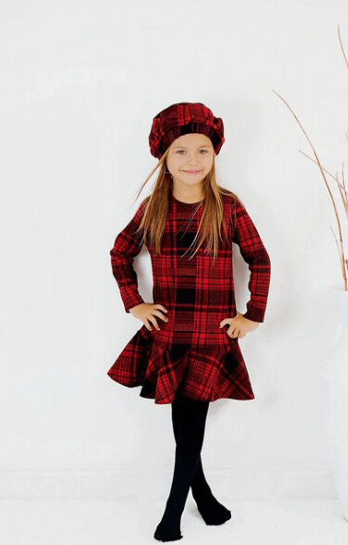 Robe à carreaux rouges pour fille avec bonnet assorti