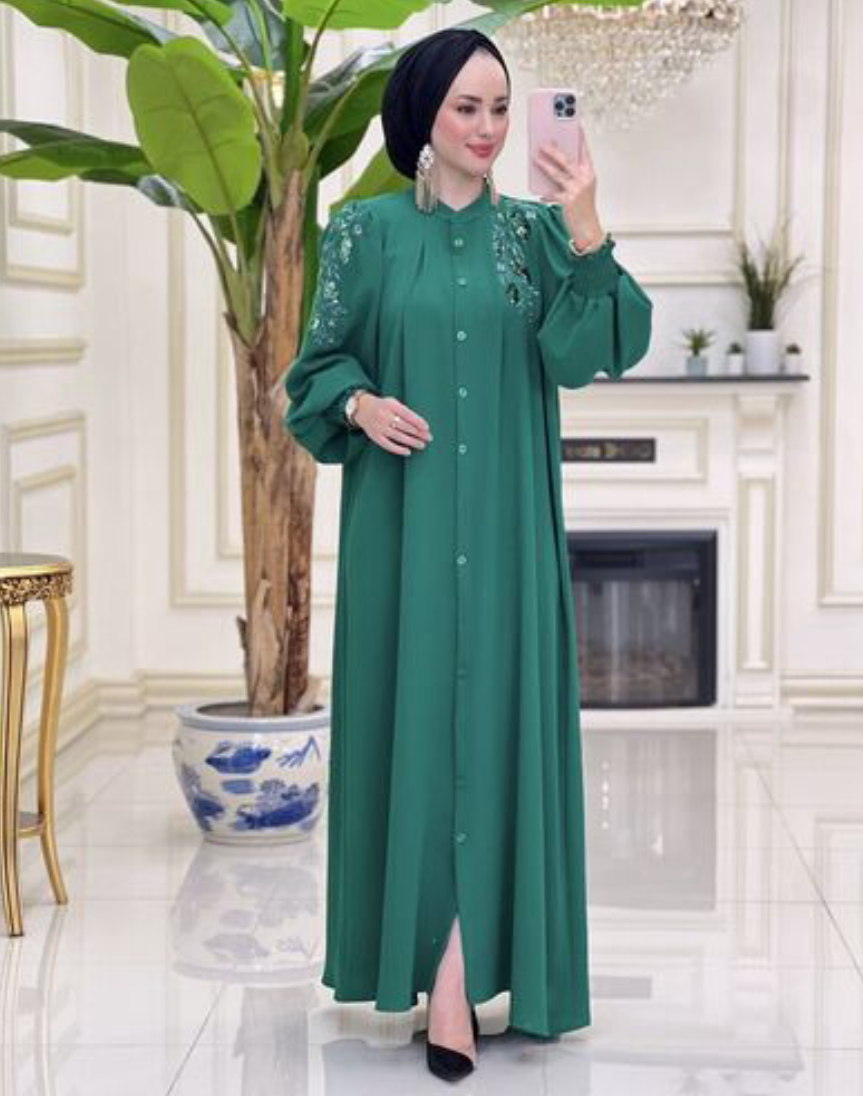 Women's front-buttoned abaya - green color - 5440-42605