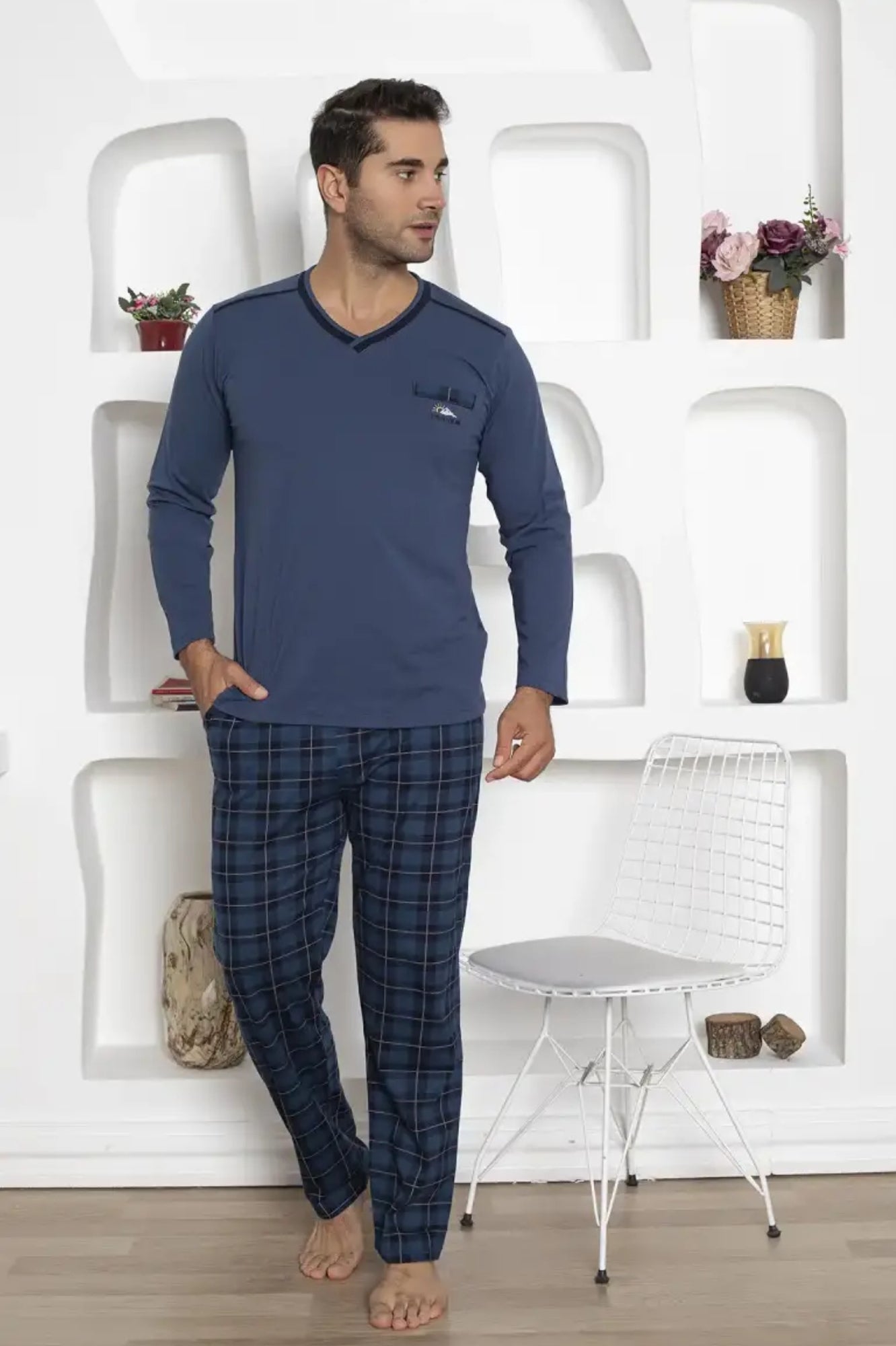 dreamy ekoseli kisa kollu v yaka cepli erkek pijama takimi - Justyol
