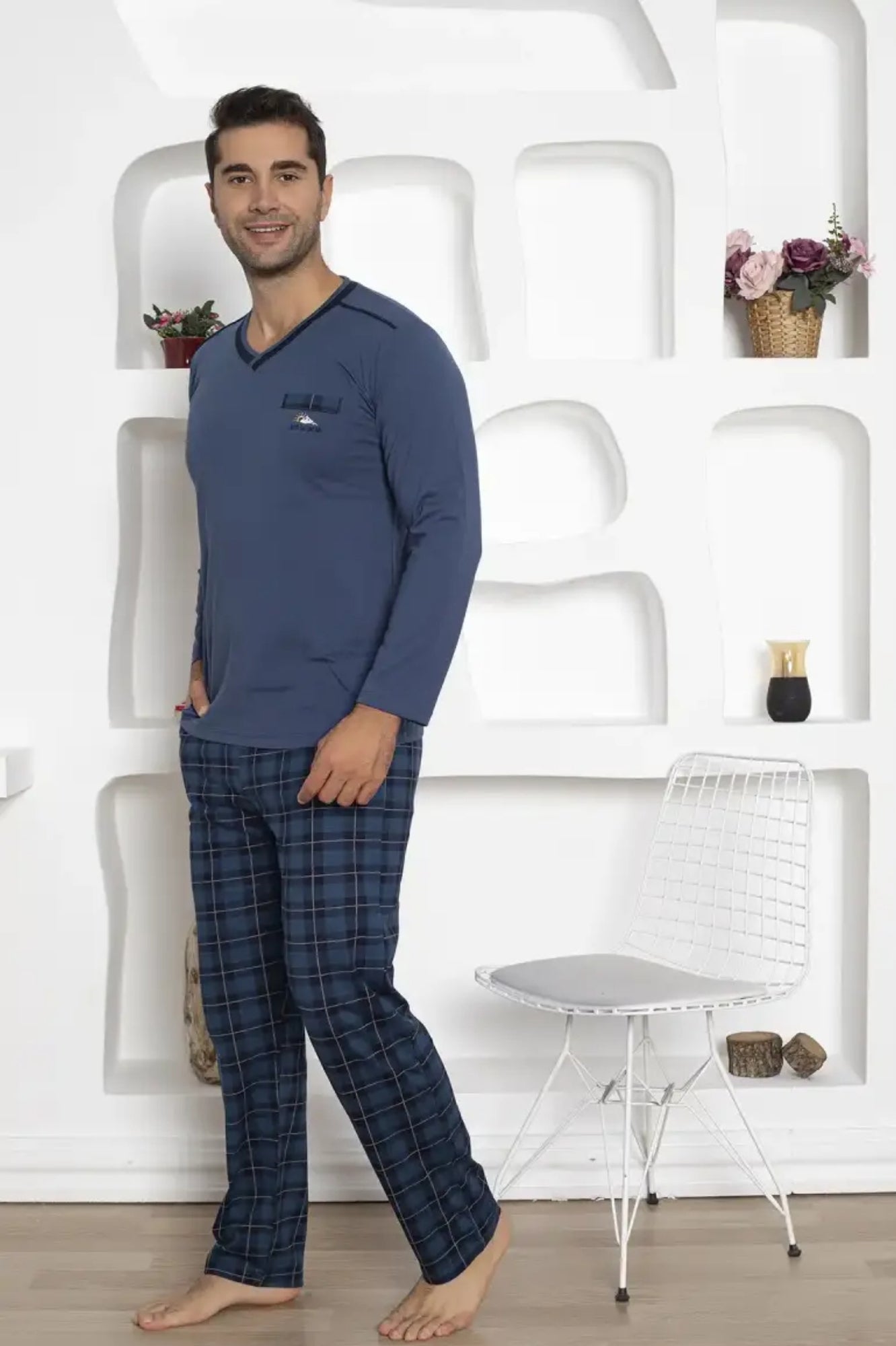 dreamy ekoseli kisa kollu v yaka cepli erkek pijama takimi - Justyol
