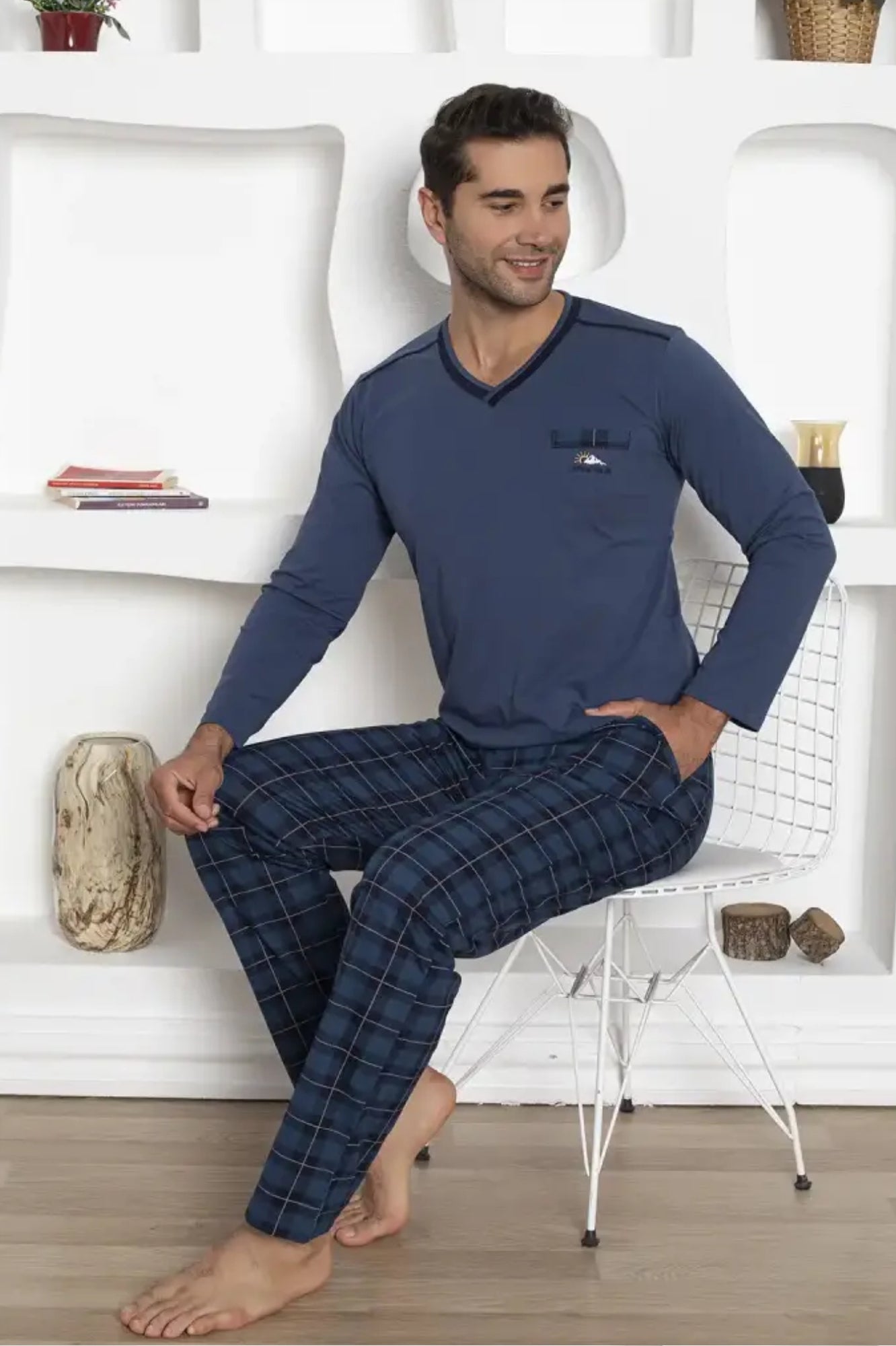 dreamy ekoseli kisa kollu v yaka cepli erkek pijama takimi - Justyol