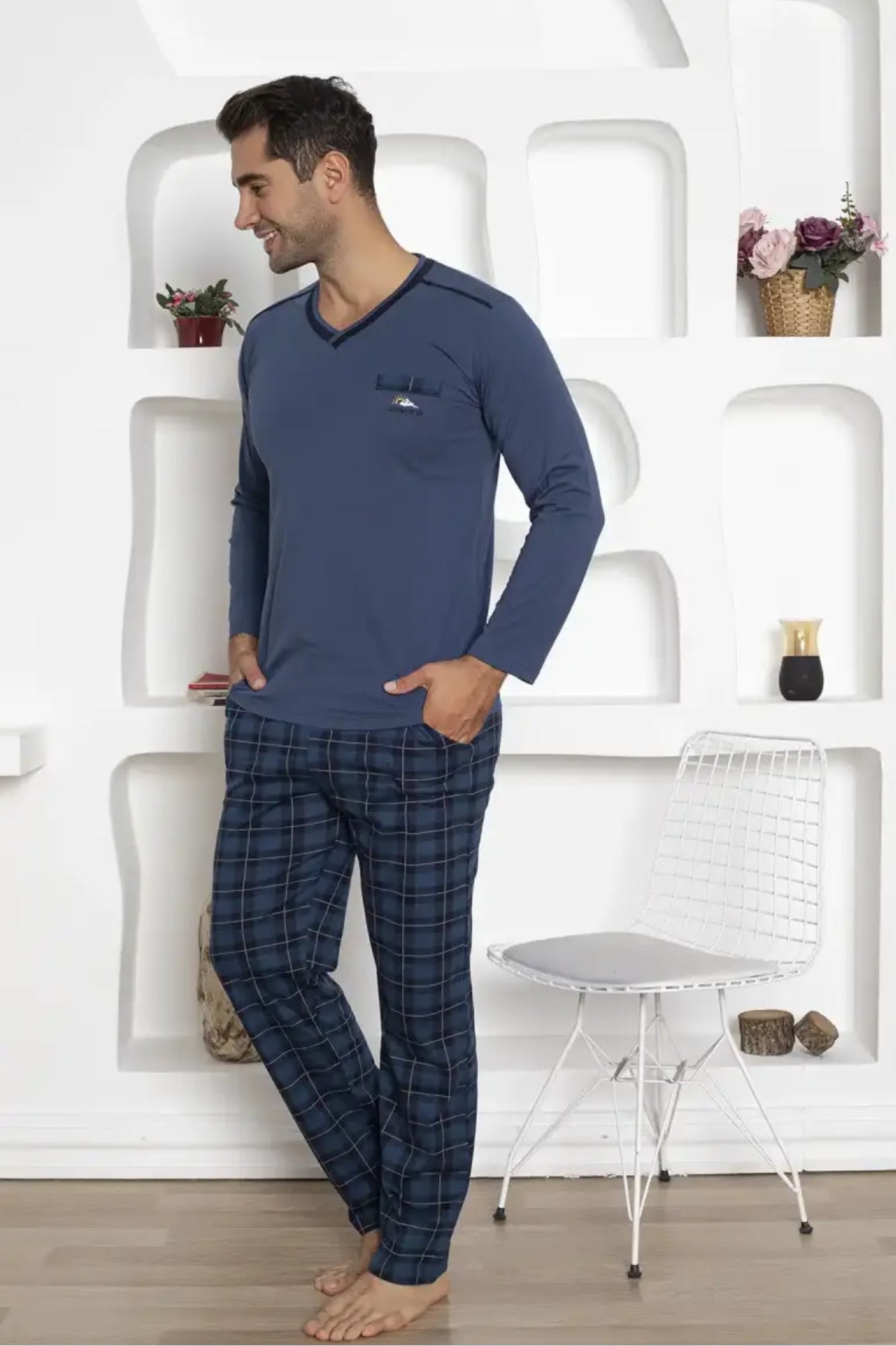 dreamy ekoseli kisa kollu v yaka cepli erkek pijama takimi - Justyol