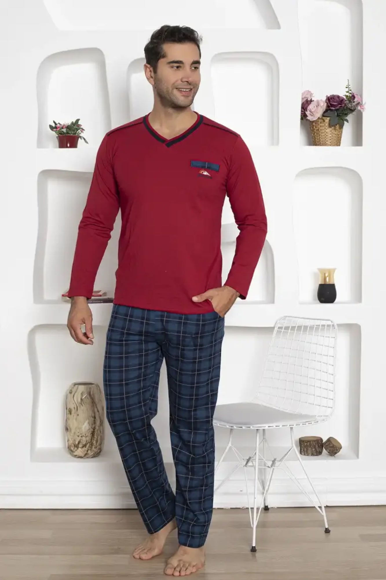 dreamy ekoseli kisa kollu v yaka cepli erkek pijama takimi - Justyol
