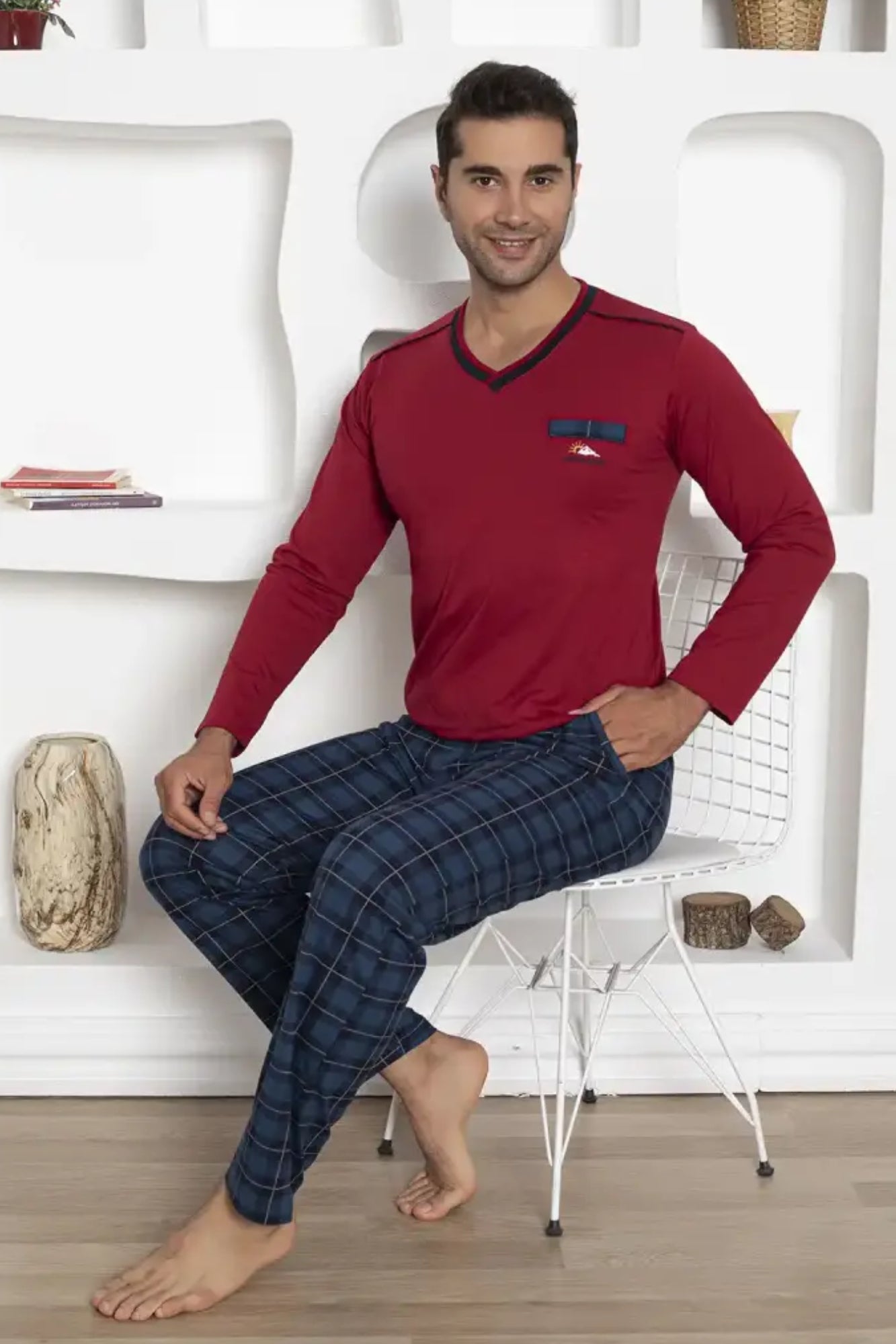 dreamy ekoseli kisa kollu v yaka cepli erkek pijama takimi - Justyol