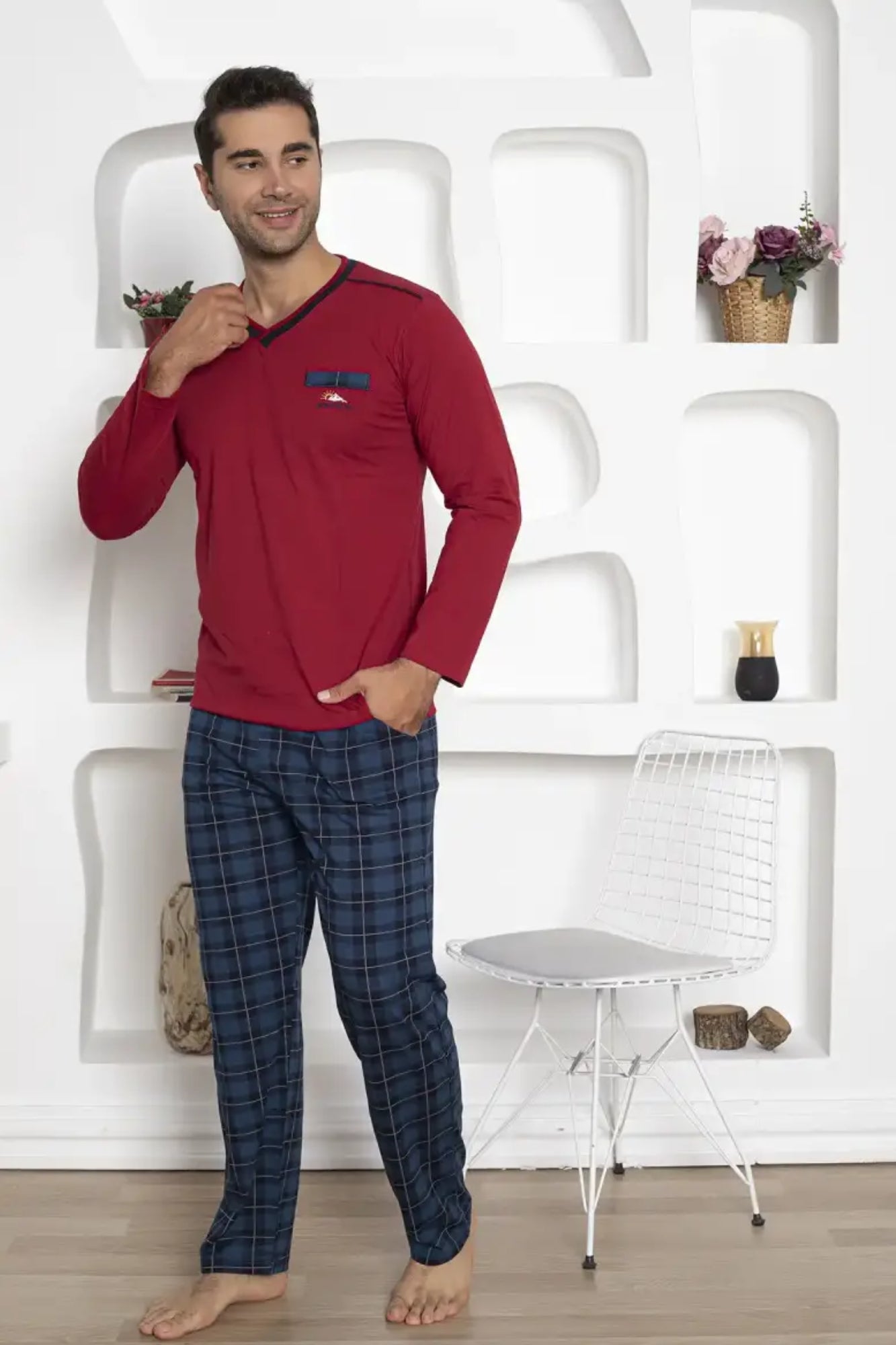 dreamy ekoseli kisa kollu v yaka cepli erkek pijama takimi - Justyol