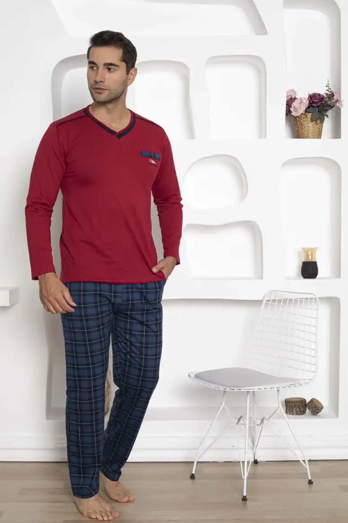 dreamy ekoseli kisa kollu v yaka cepli erkek pijama takimi - Justyol