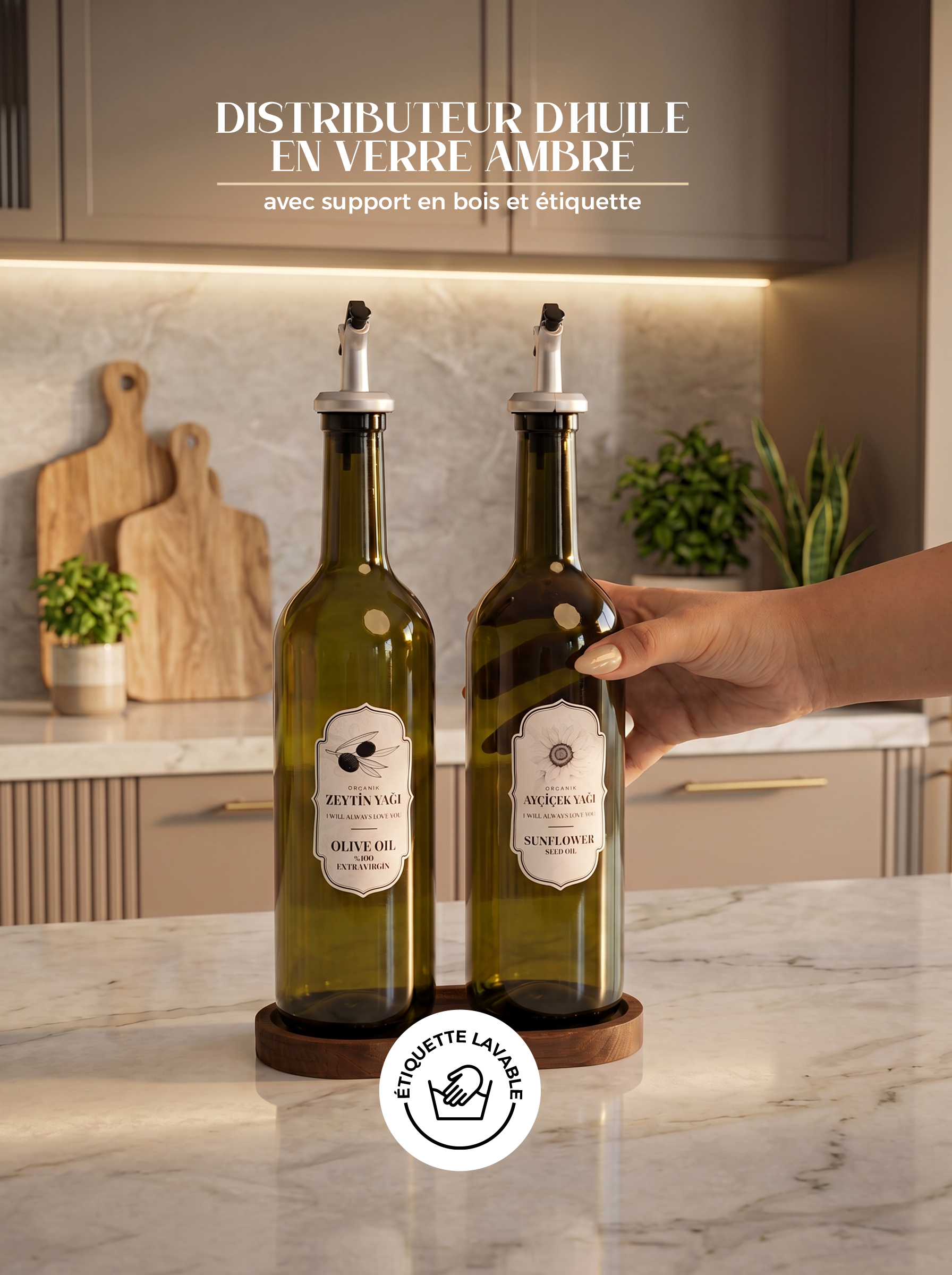Set de 2 bouteilles d’huile en verre 750 ml avec support en bois