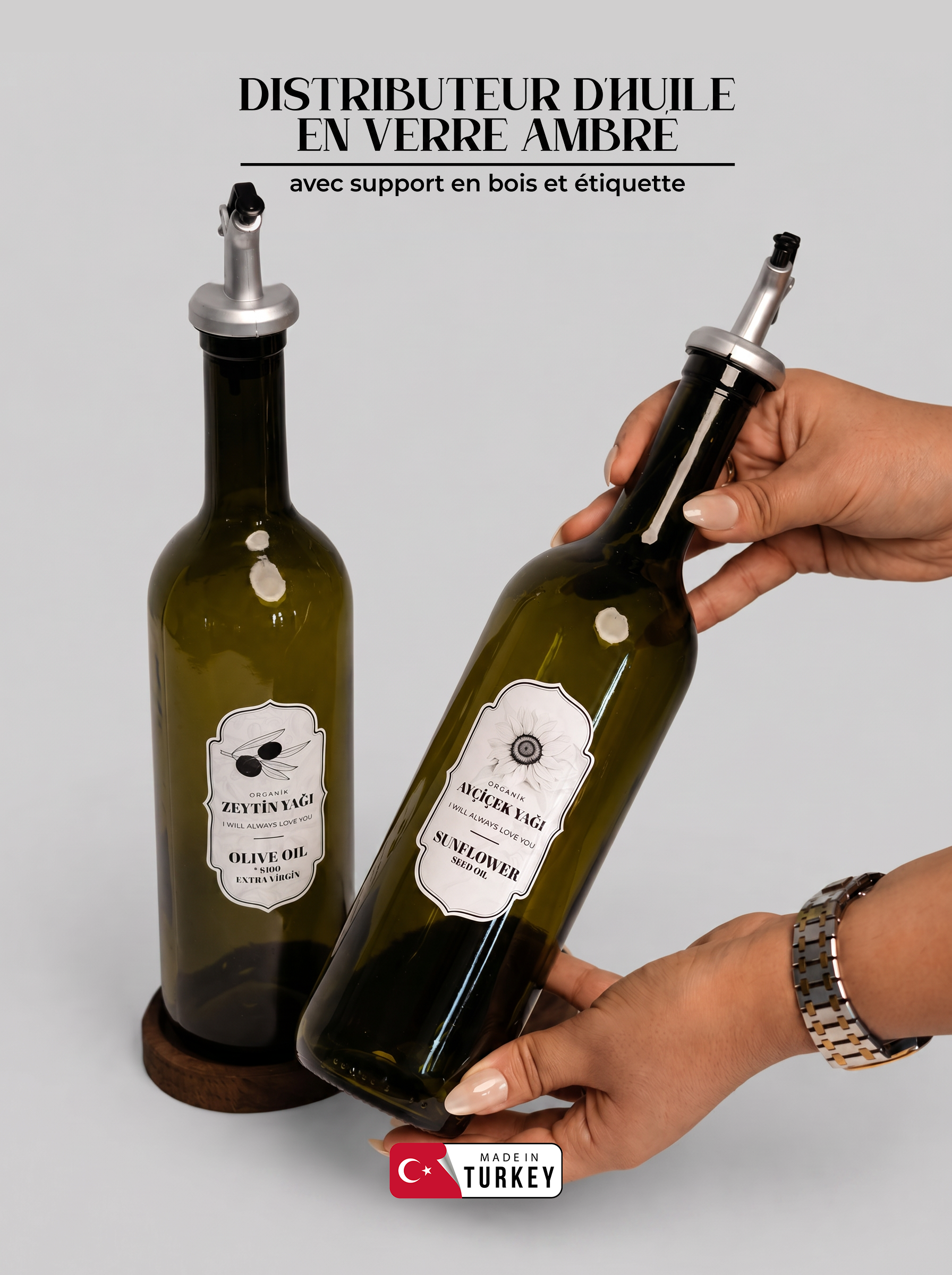 Set de 2 bouteilles d’huile en verre 750 ml avec support en bois
