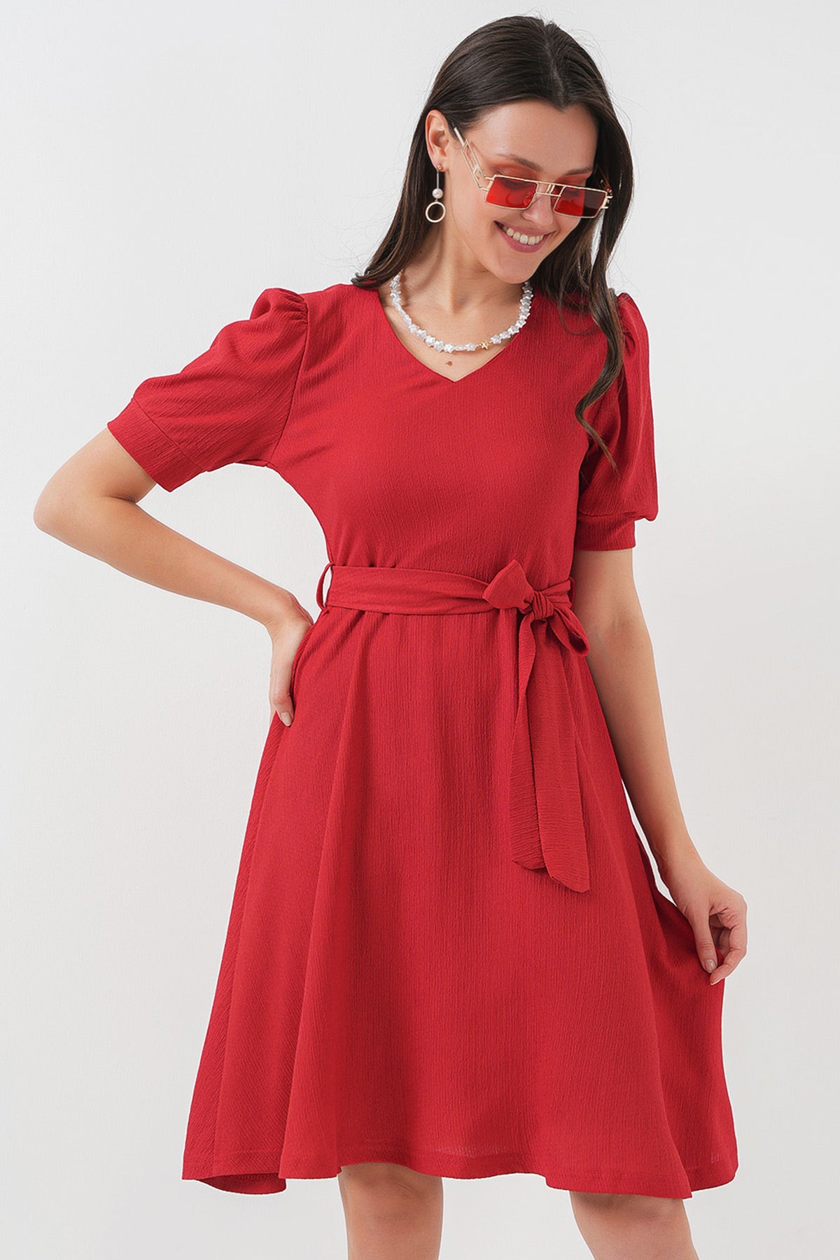 2370 kuşakli örme elbise - Justyol