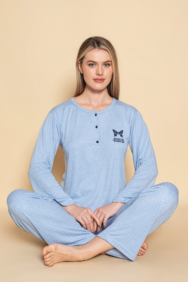 Ensemble Pyjama Femme à Manches Longues avec Broderie et Pantalon Imprimé