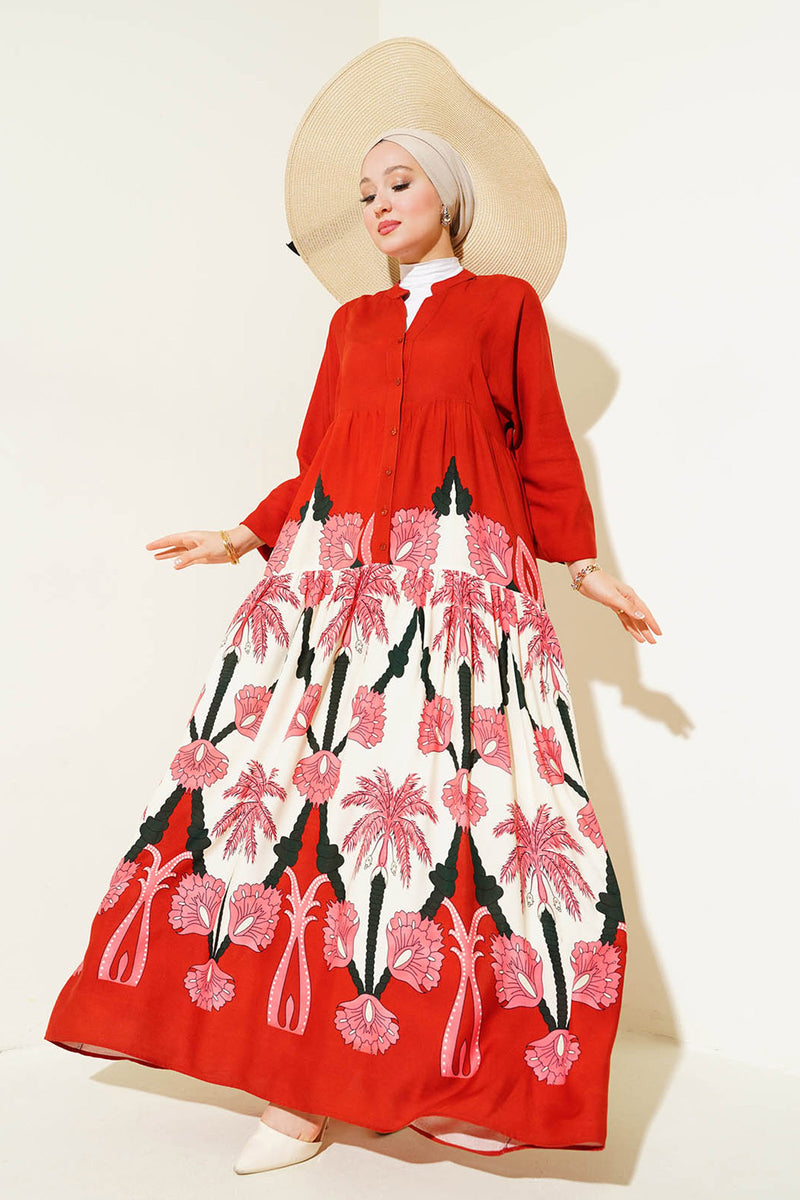 Robe Longue à Motif Otantique avec Détails Colorés