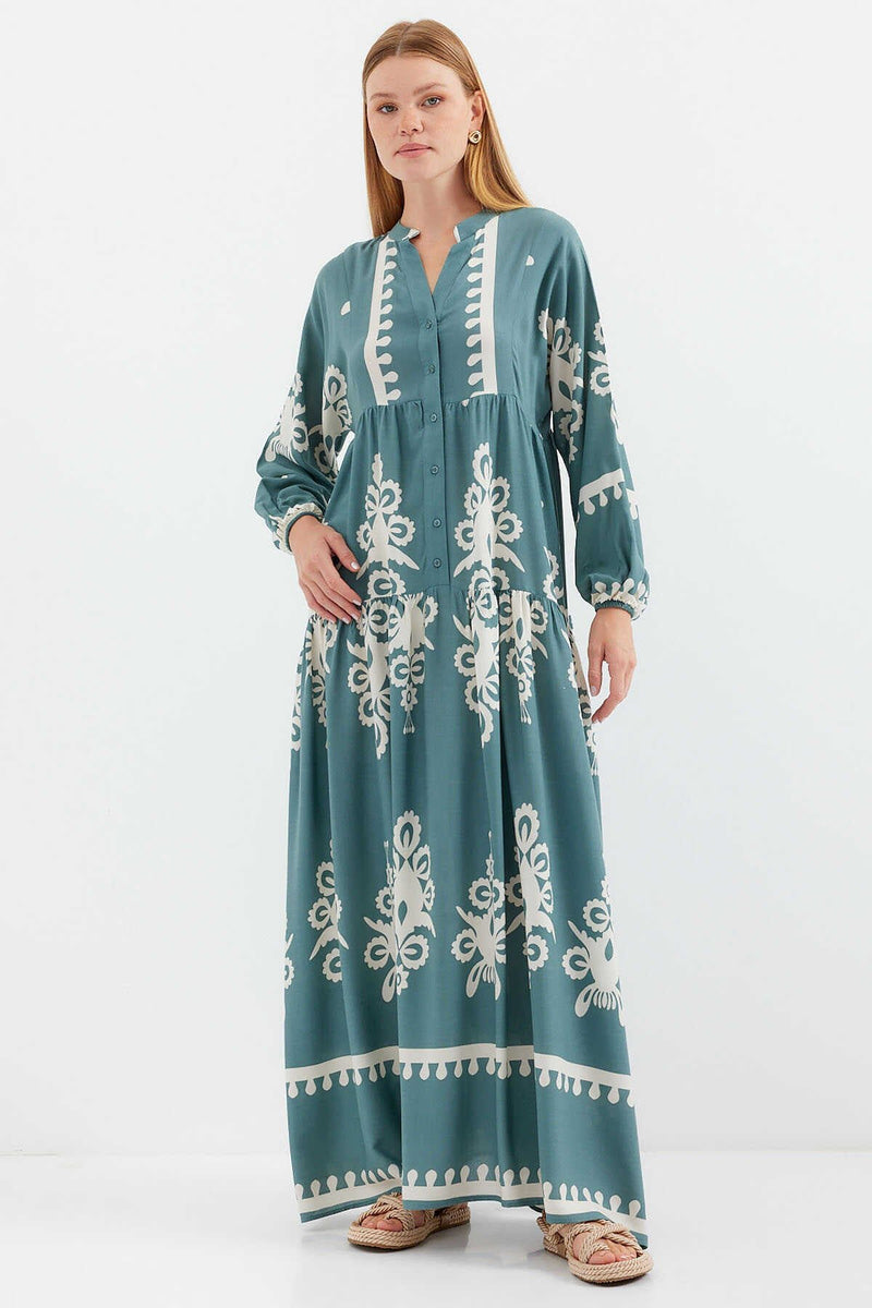 Robe Longue à Motif Otantique avec Détails Colorés